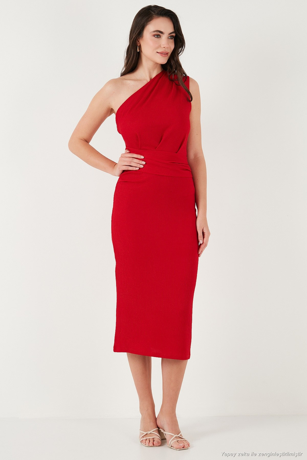 Desenli Slim Fit Midi Boy Tek Omuzlu Abiye Kadın Elbise 5866202 KIRMIZI