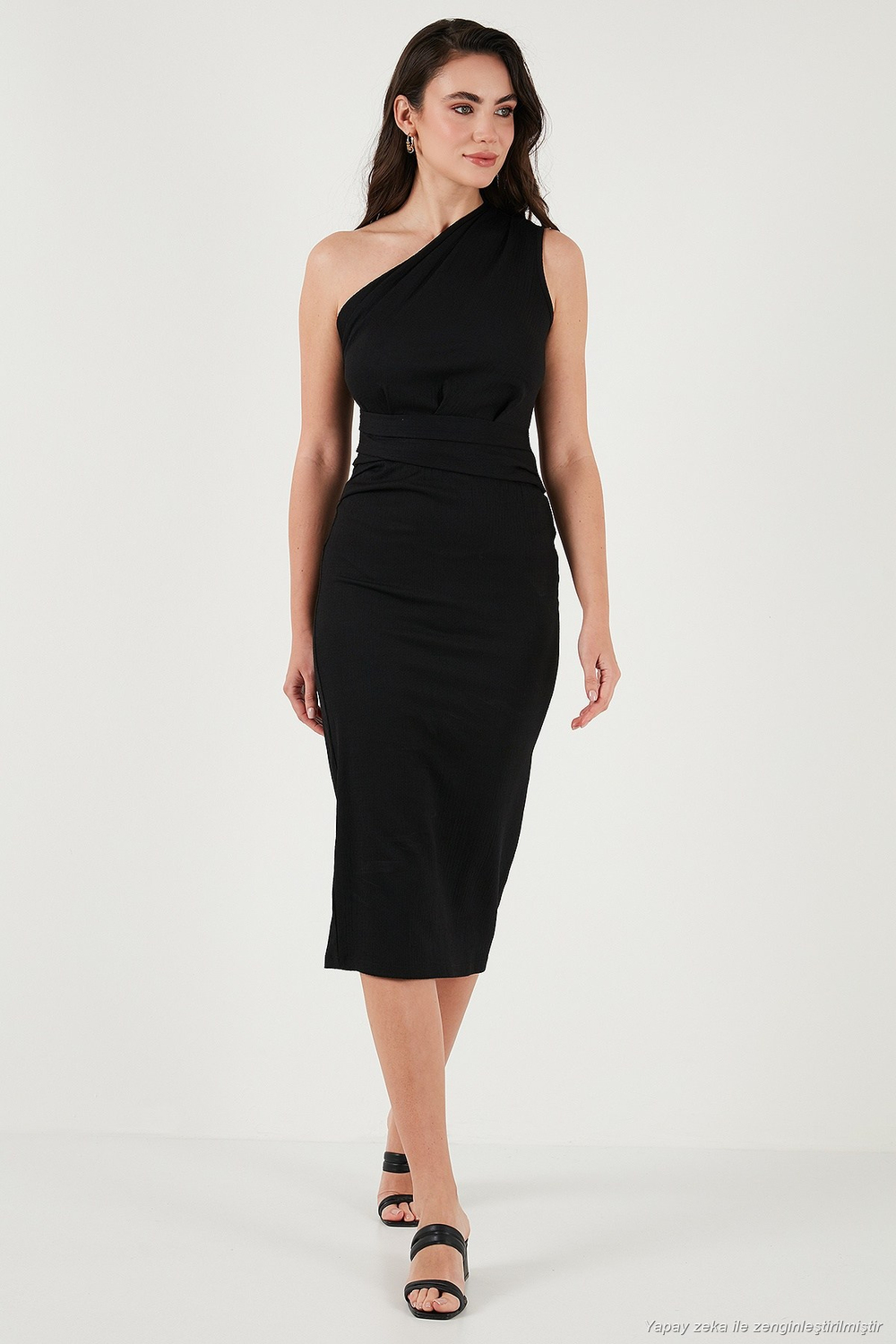 Desenli Slim Fit Midi Boy Tek Omuzlu Abiye Kadın Elbise 5866202 SİYAH