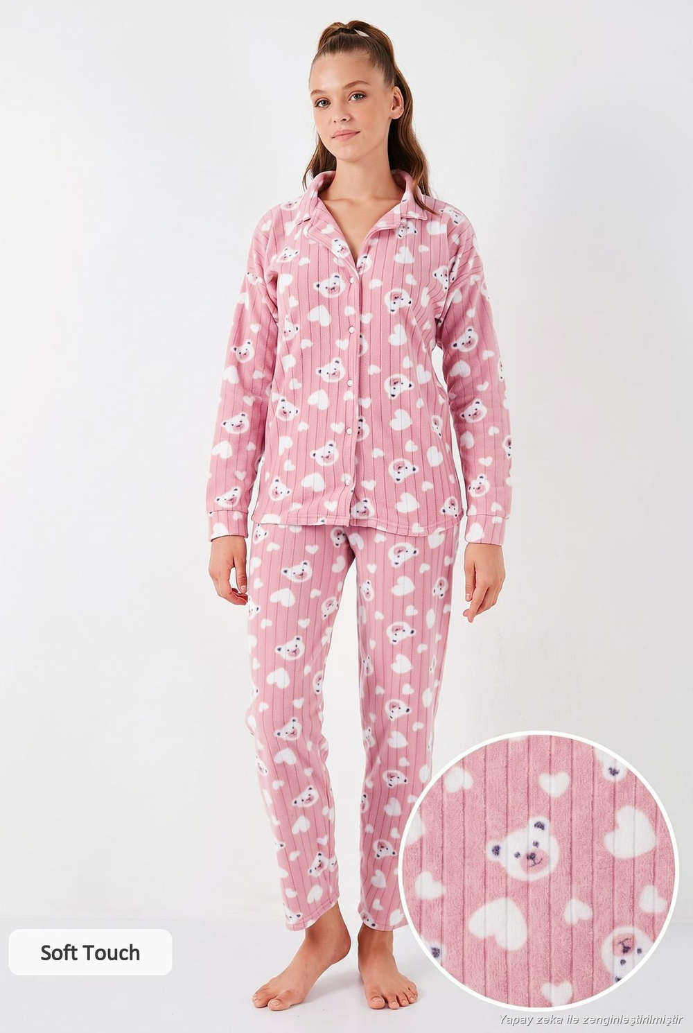 Desenli Standart Fit Düğmeli Polarlı Rahat Kışlık Kadın Pijama Takımı 6095617 PUDRA