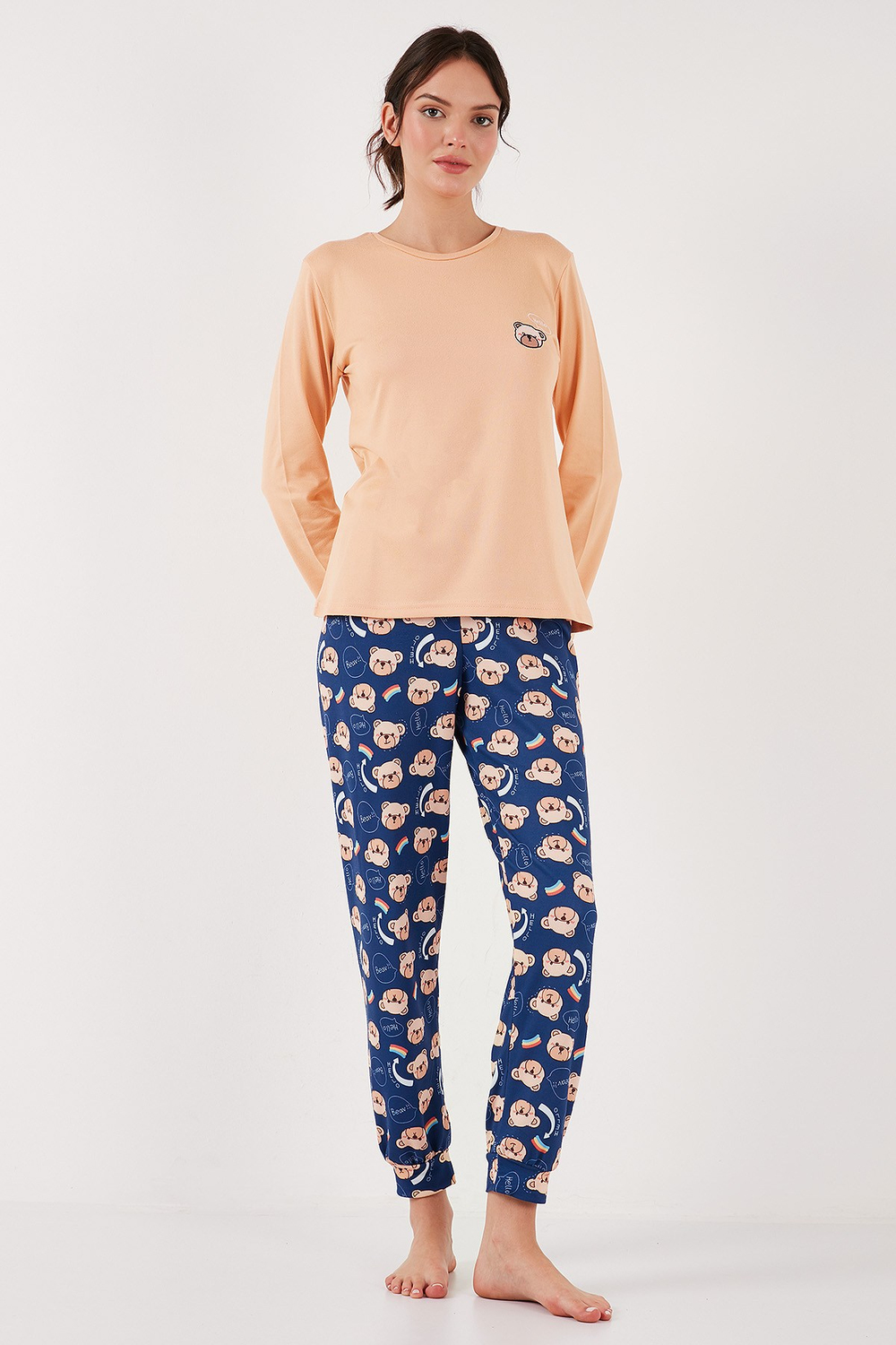 Desenli Yumuşak Dokulu Regular Fit Beli Lastikli Bisiklet Yaka Rahat Kadın Pijama Takımı 65714101 ŞEFTALİ