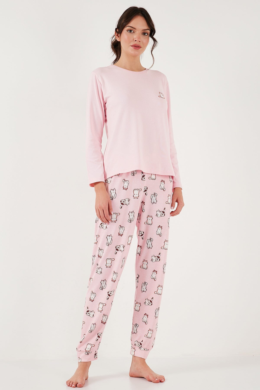 Desenli Yumuşak Dokulu Regular Fit Beli Lastikli Bisiklet Yaka Rahat Kadın Pijama Takımı 65714101 AÇIK PEMBE