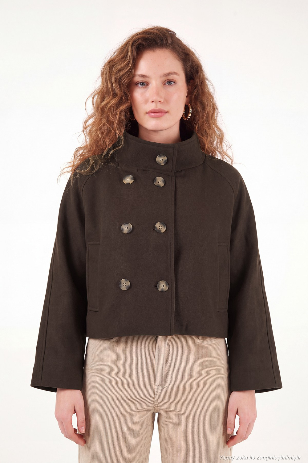 Dik Yaka Düğmeli Kısa Kadın Kaşe Mont 611AW115 KAHVE