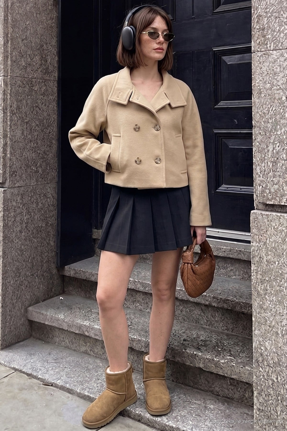 Dik Yaka Düğmeli Kısa Kadın Kaşe Mont 611AW115 CAMEL