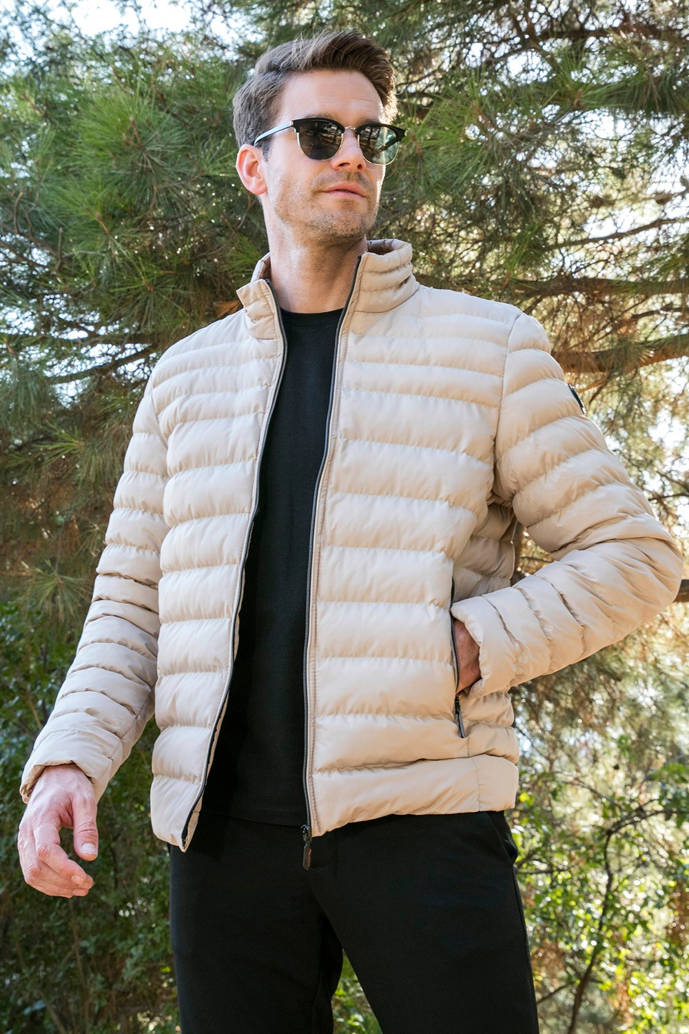Dik Yaka Fermuarlı Cepli Slim Fit Şişme Erkek Mont 649002 VİZON