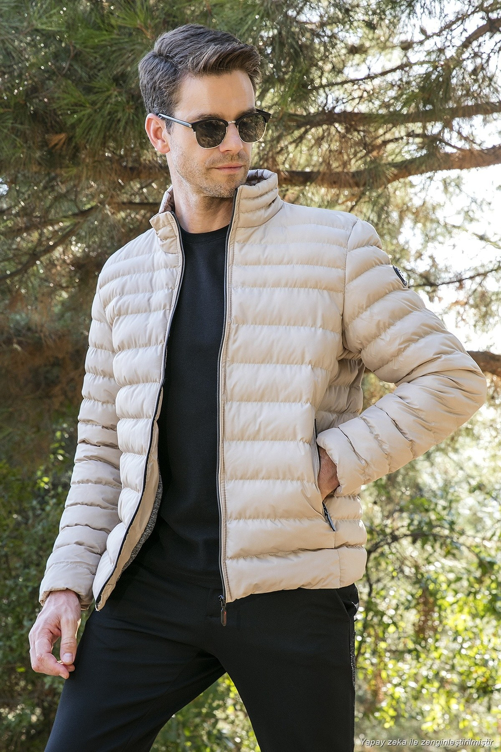 Dik Yaka Fermuarlı Cepli Slim Fit Şişme Erkek Mont 649002 VİZON
