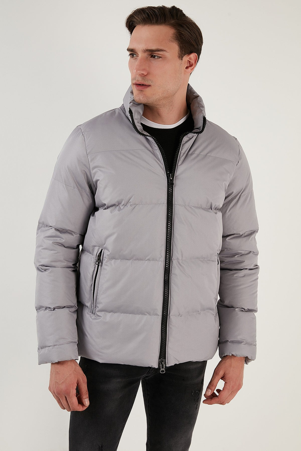 Dik Yaka Fermuarlı Suya ve Rüzgara Karşı Dayanıklı Slim Fit Şişme Erkek Mont 649004 AÇIK GRİ
