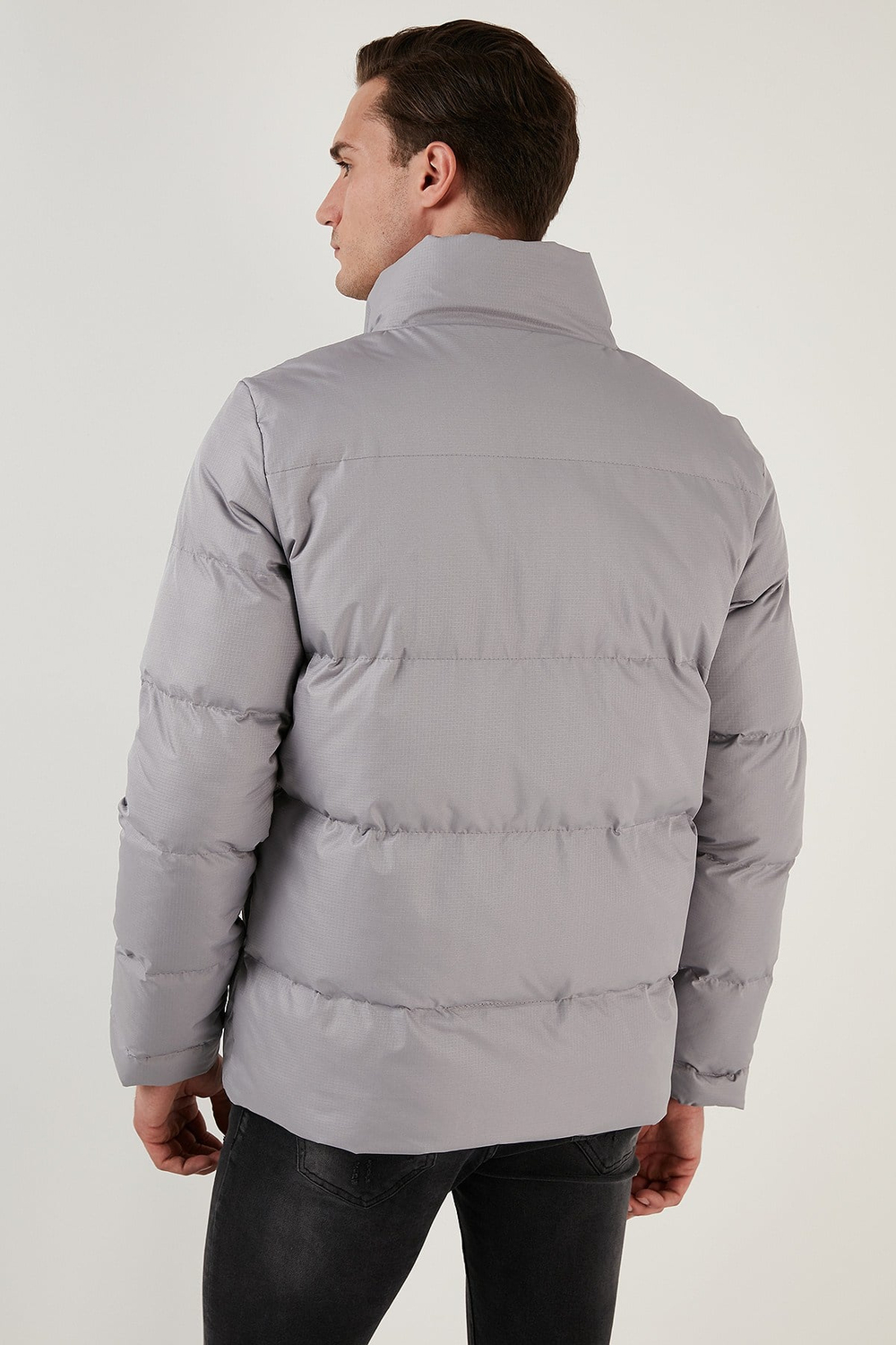 Dik Yaka Fermuarlı Suya ve Rüzgara Karşı Dayanıklı Slim Fit Şişme Erkek Mont 649004 AÇIK GRİ
