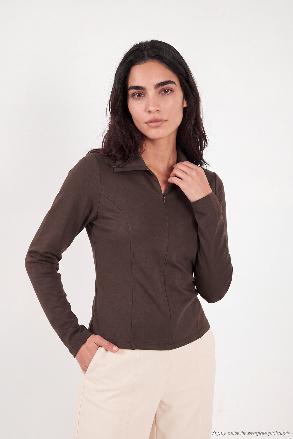 Dikiş Detaylı Yarım Fermuarlı Örme Kadın Bluz 5866643 KAHVE