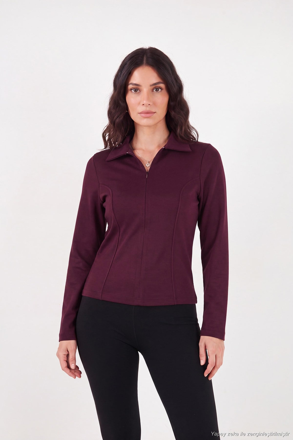 Dikiş Detaylı Yarım Fermuarlı Örme Kadın Bluz 5866643 MÜRDÜM