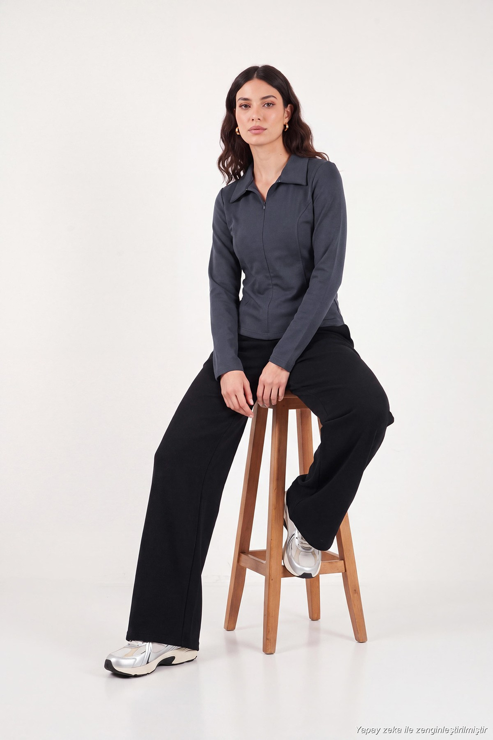 Dikiş Detaylı Yarım Fermuarlı Örme Kadın Bluz 5866643 FÜME