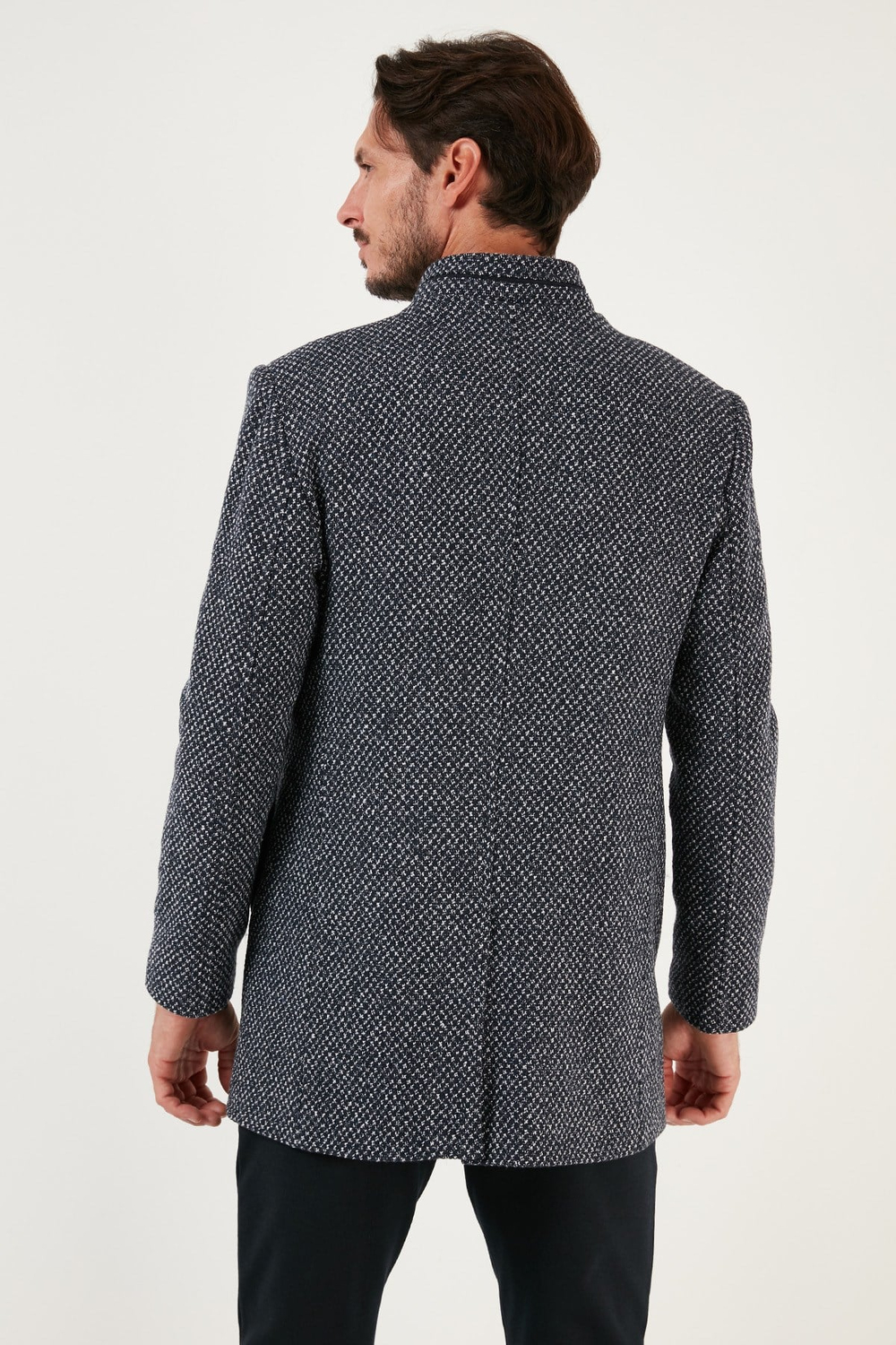 Düğmeli Dik Yaka Kırçıllı Slim Fit Kaşe Erkek Kaban 5841016 Lacivert Noktalı