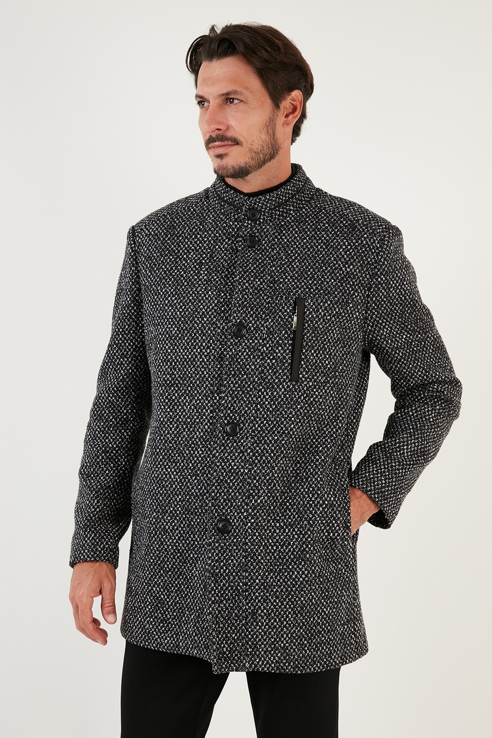 Düğmeli Dik Yaka Kırçıllı Slim Fit Kaşe Erkek Kaban 5841016 Siyah Noktalı