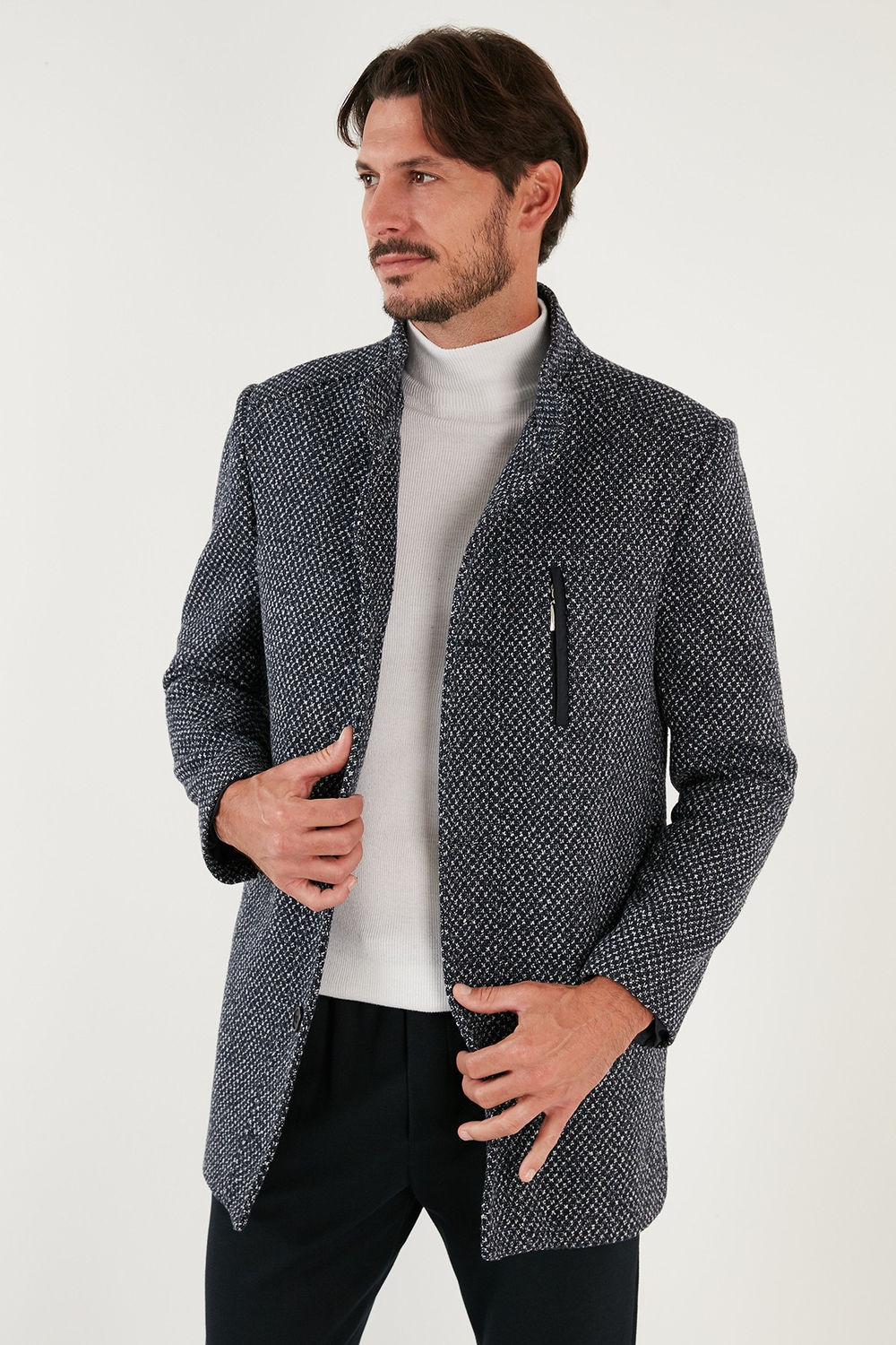 Düğmeli Dik Yaka Kırçıllı Slim Fit Kaşe Erkek Kaban 5841016 Lacivert Noktalı