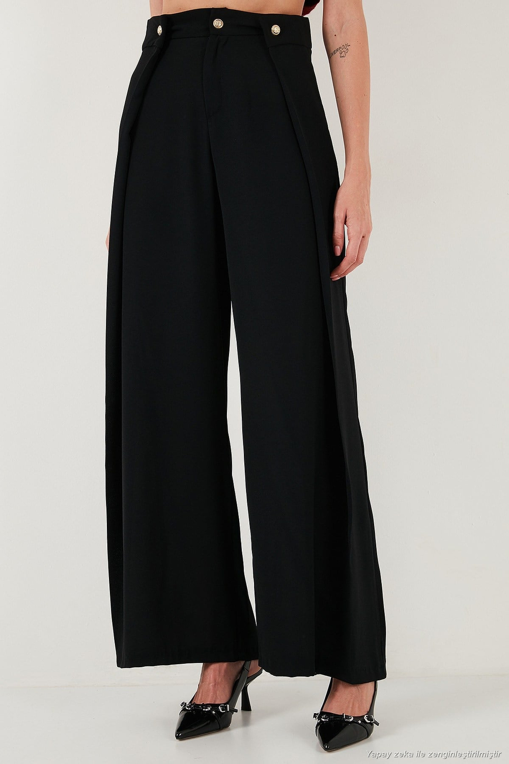 Düğmeli Pile Detaylı Wide Leg Yüksek Bel Geniş Paça Kadın Pantolon 68351133 SİYAH