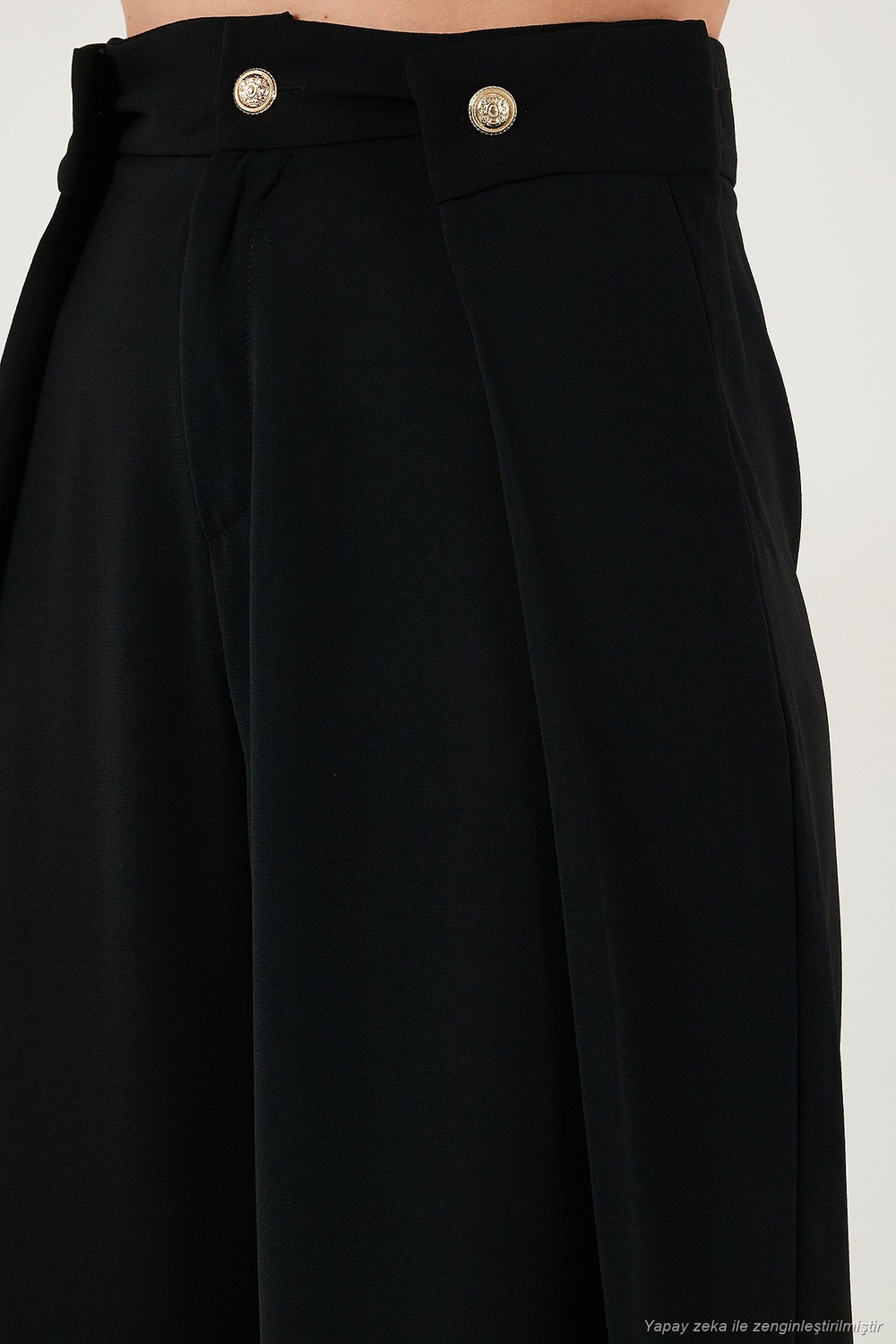 Düğmeli Pile Detaylı Wide Leg Yüksek Bel Geniş Paça Kadın Pantolon 68351133 SİYAH