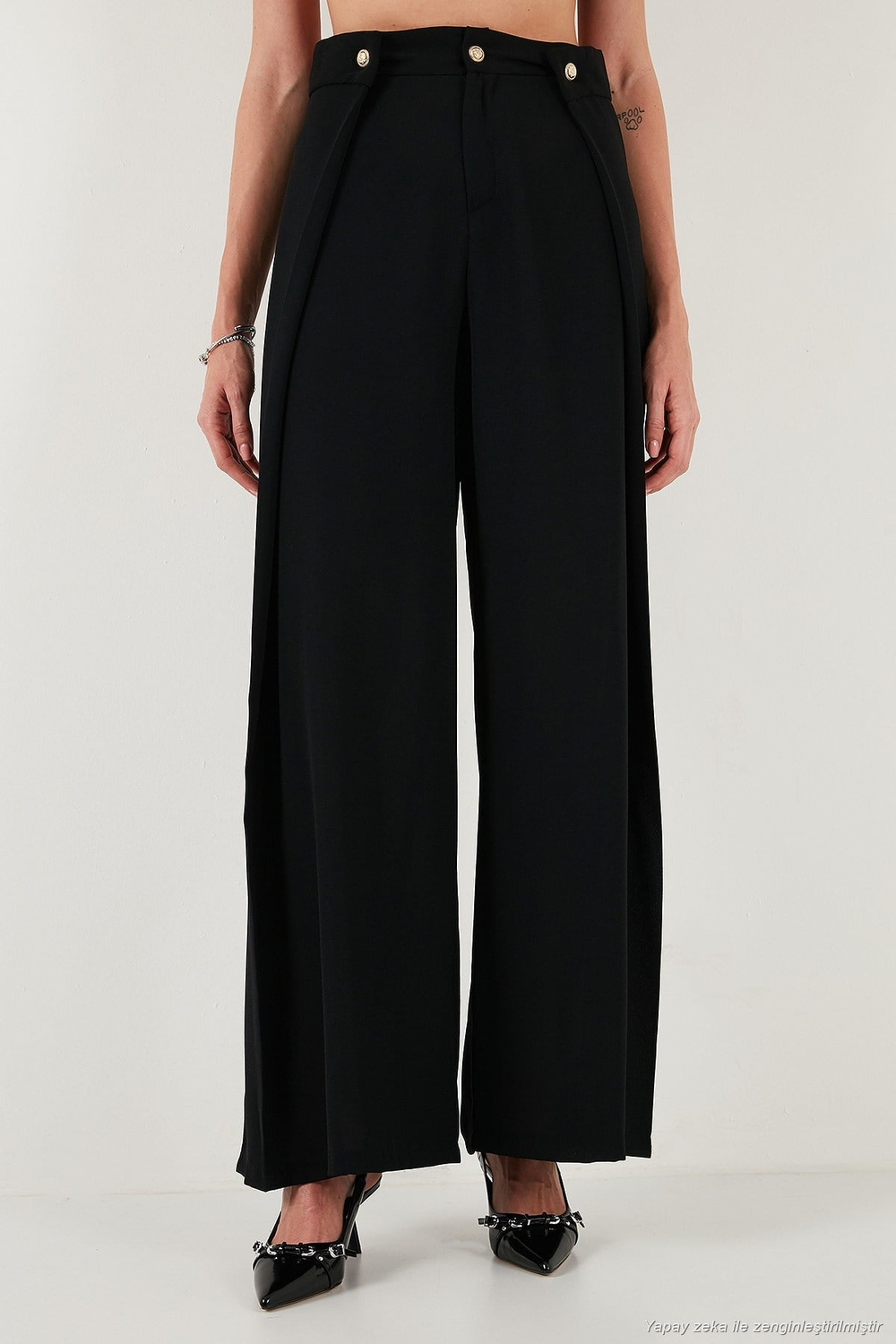 Düğmeli Pile Detaylı Wide Leg Yüksek Bel Geniş Paça Kadın Pantolon 68351133 SİYAH