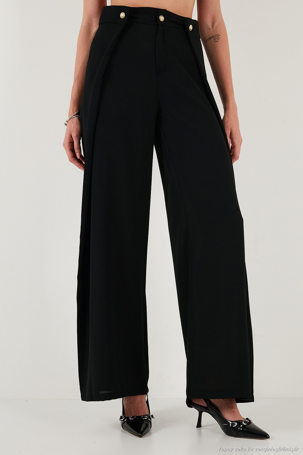 Düğmeli Pile Detaylı Wide Leg Yüksek Bel Geniş Paça Kadın Pantolon 68351133 SİYAH
