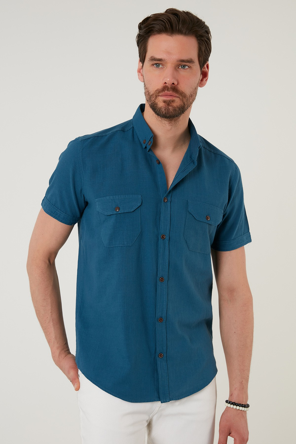Düğmeli Yaka Pamuklu Slim Fit Cepli Erkek Gömlek CF21S111153 İNDİGO