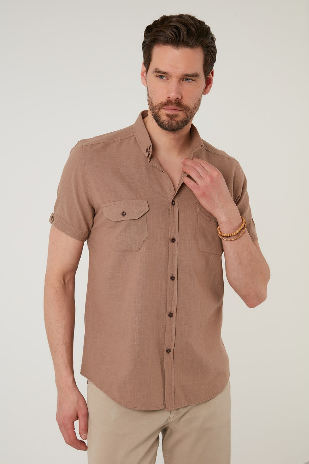 Düğmeli Yaka Pamuklu Slim Fit Cepli Erkek Gömlek CF21S111153 TOPRAK