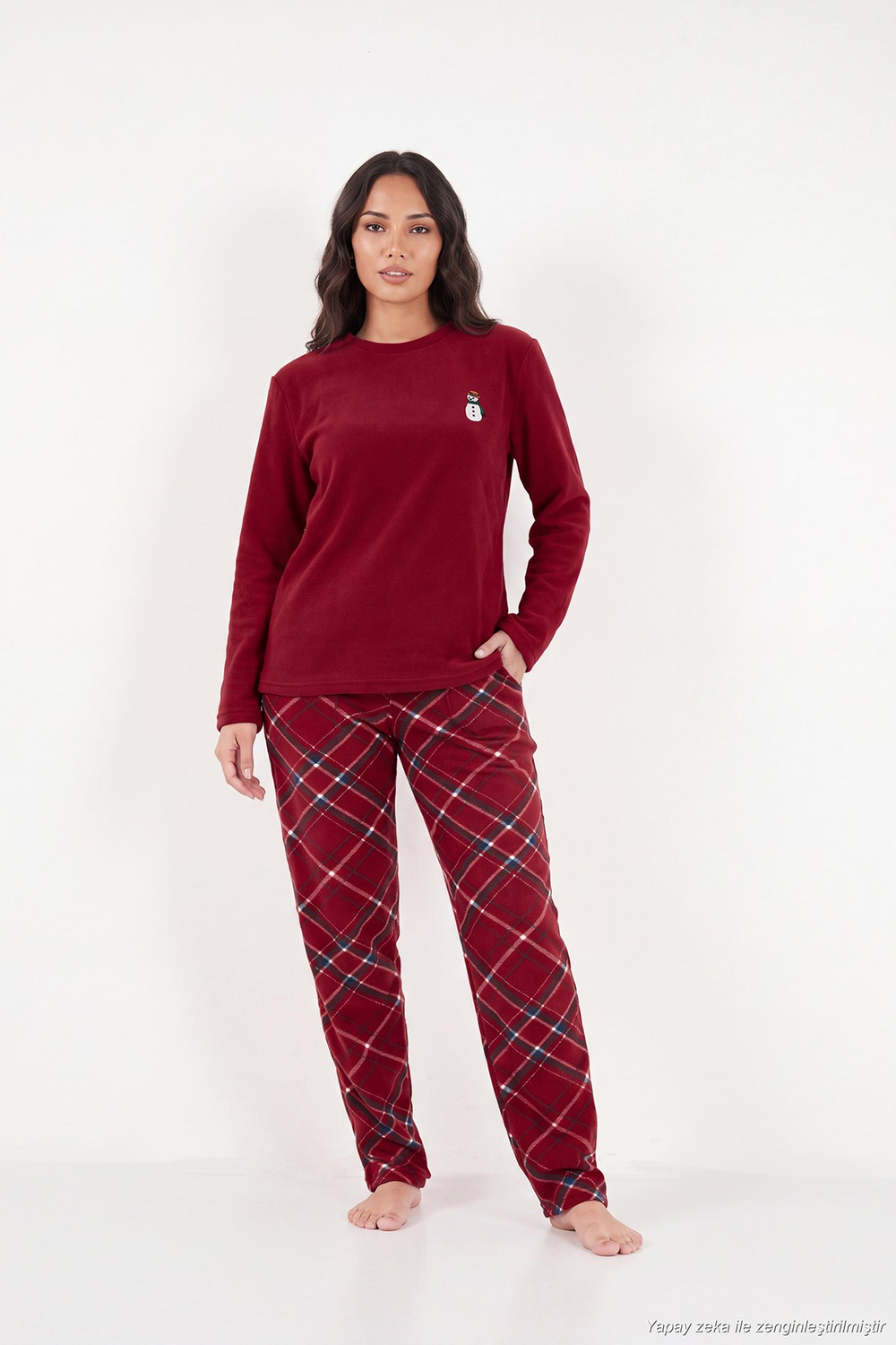 Ekose Desenli Bisiklet Yaka Yumuşak Polar Kadın Pijama Takımı 6097059K BORDO
