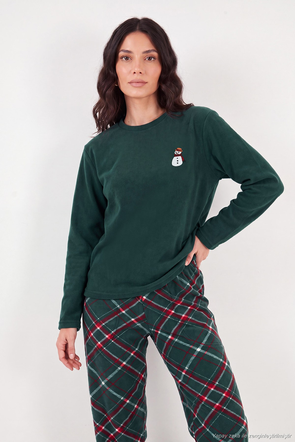Ekose Desenli Bisiklet Yaka Yumuşak Polar Kadın Pijama Takımı 6097059K NEFTİ