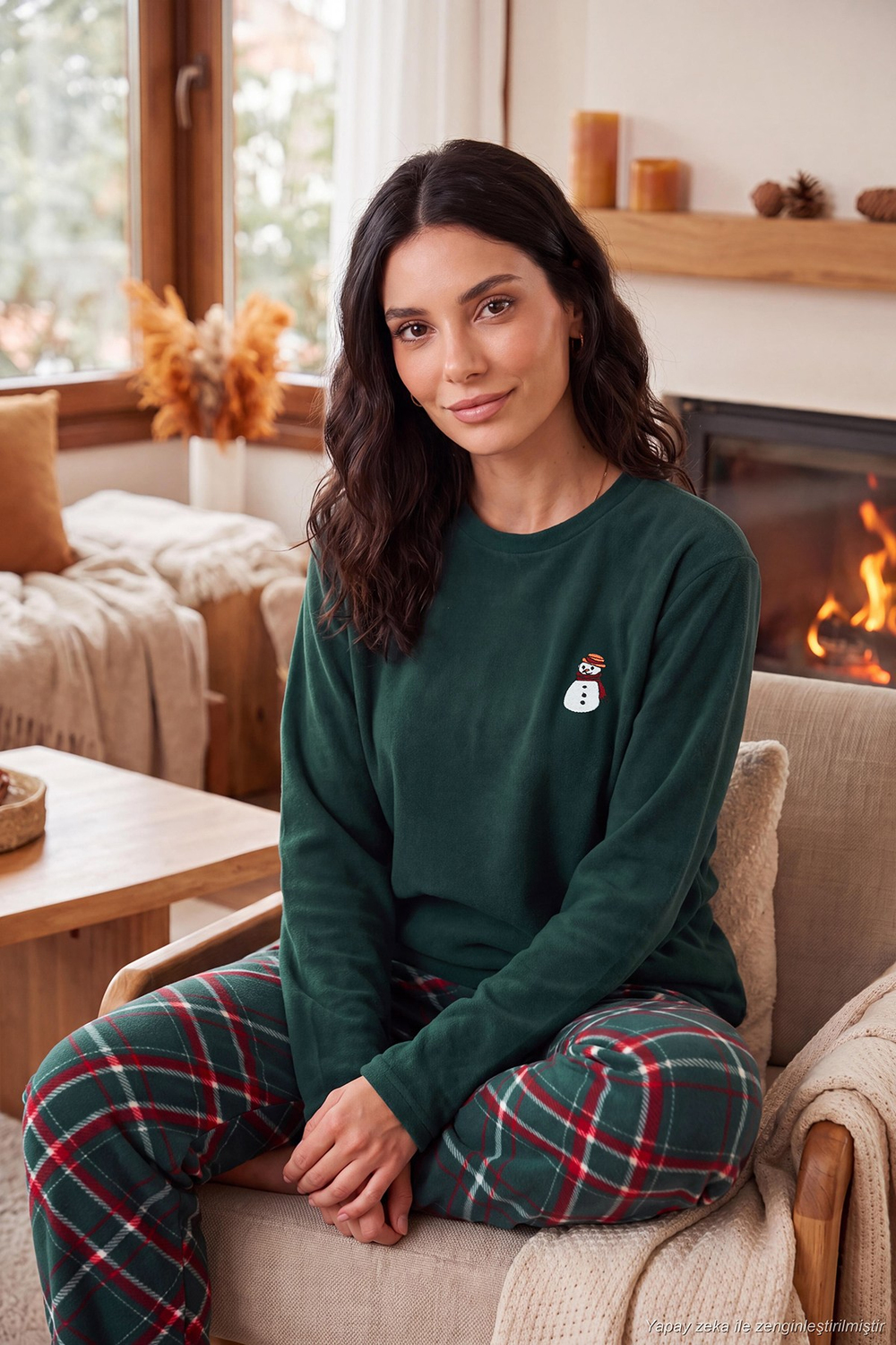 Ekose Desenli Bisiklet Yaka Yumuşak Polar Kadın Pijama Takımı 6097059K NEFTİ