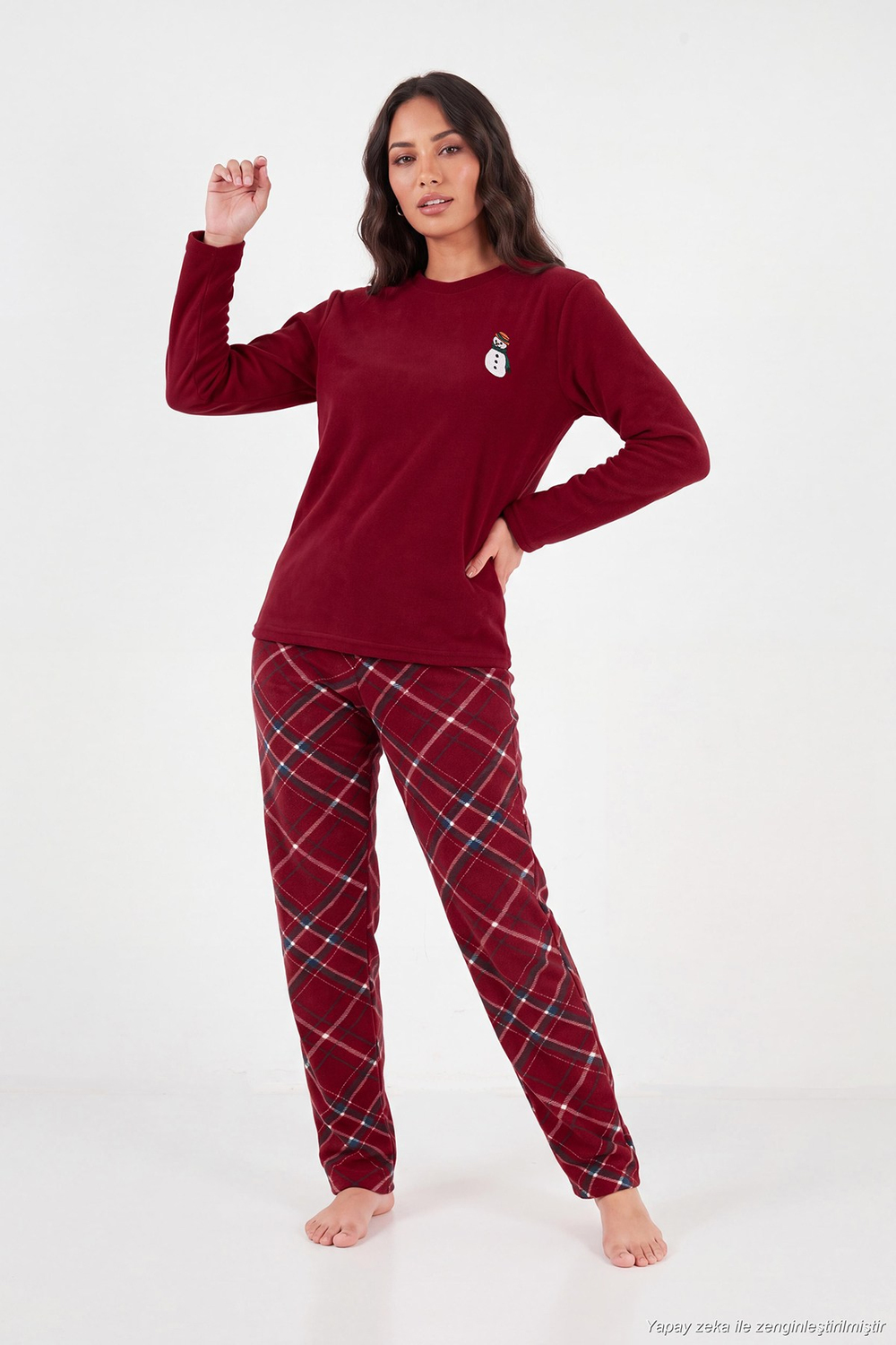 Ekose Desenli Bisiklet Yaka Yumuşak Polar Kadın Pijama Takımı 6097059K BORDO