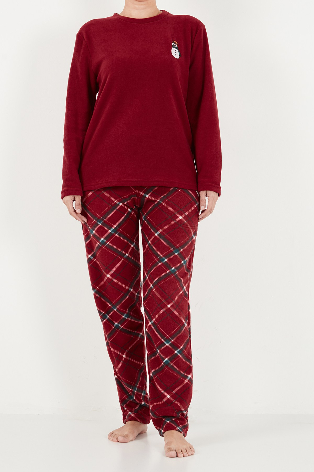 Ekose Desenli Bisiklet Yaka Yumuşak Polar Kadın Pijama Takımı 6097059K BORDO