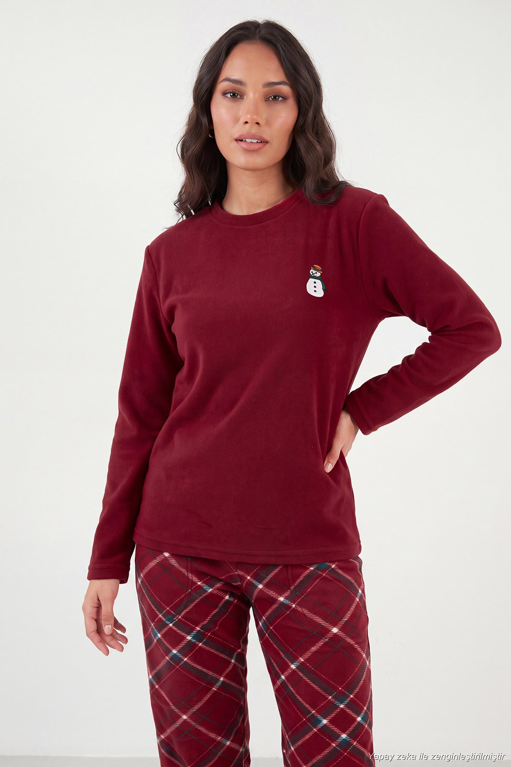 Ekose Desenli Bisiklet Yaka Yumuşak Polar Kadın Pijama Takımı 6097059K BORDO