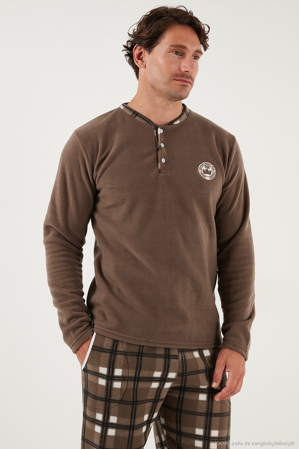 Ekose Regular Fit Bisiklet Yaka Kışlık Polar Erkek Pijama Takımı 609610013W4 CAMEL