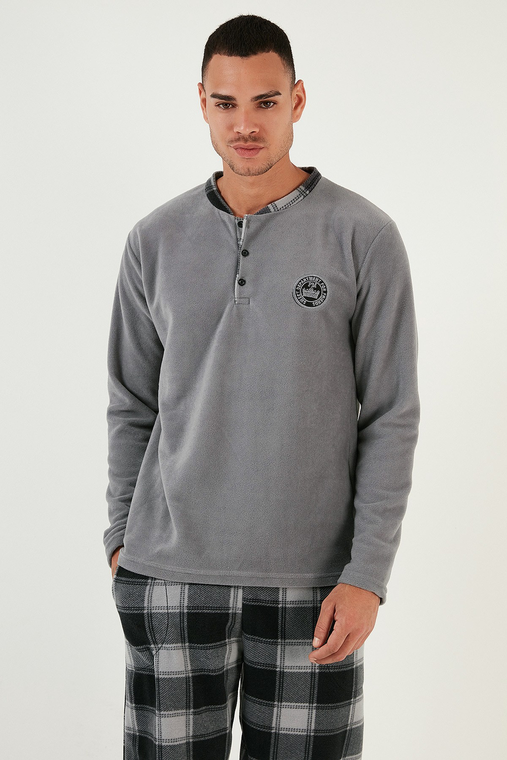 Ekose Regular Fit Bisiklet Yaka Kışlık Polar Erkek Pijama Takımı 609610013W4 GRİ