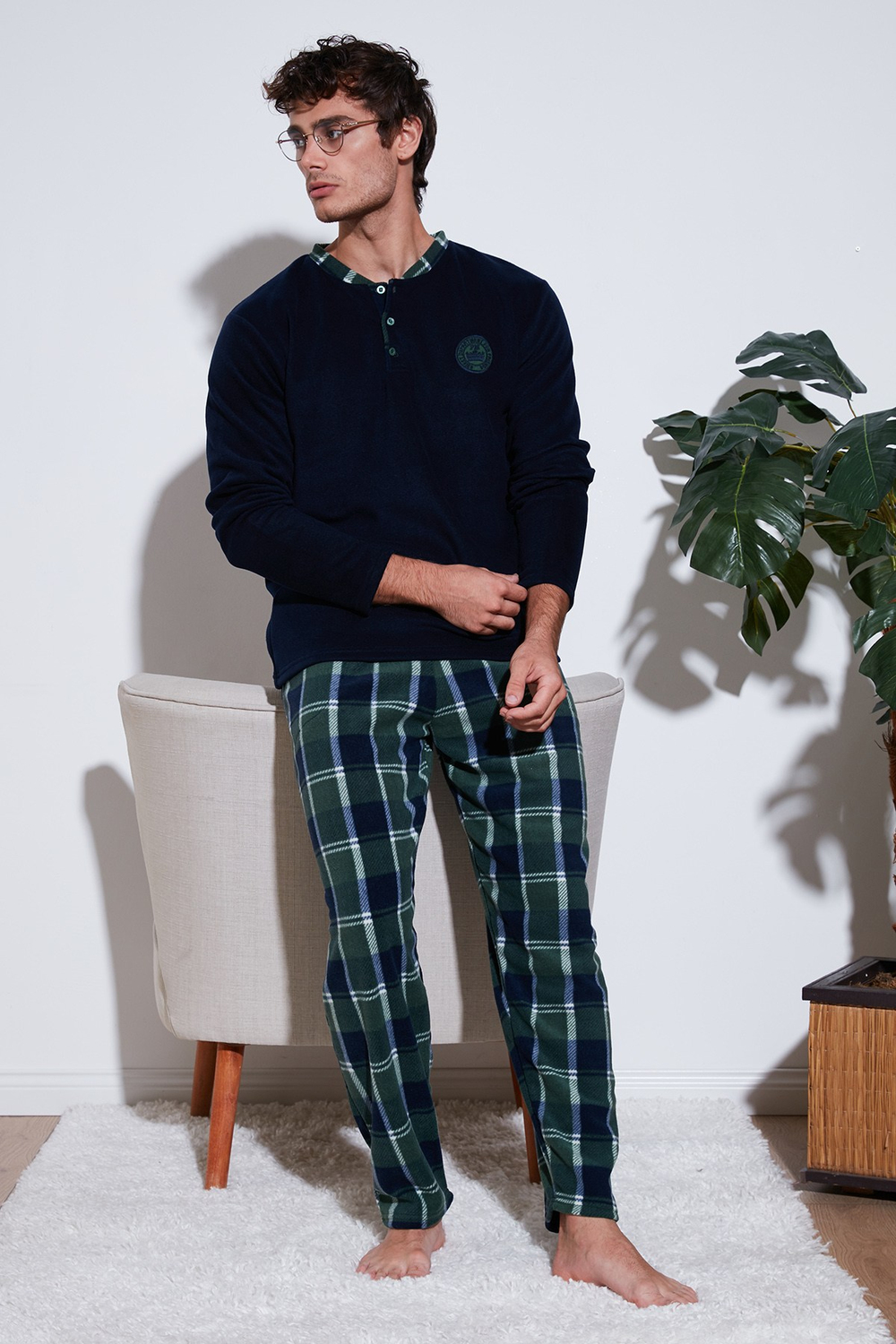 Ekose Regular Fit Bisiklet Yaka Kışlık Polar Erkek Pijama Takımı 609610013W4 LACİVERT
