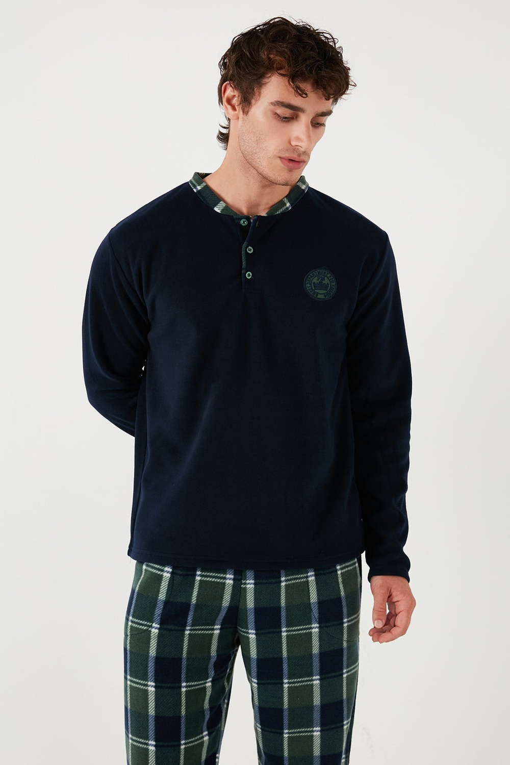 Ekose Regular Fit Bisiklet Yaka Kışlık Polar Erkek Pijama Takımı 609610013W4 LACİVERT