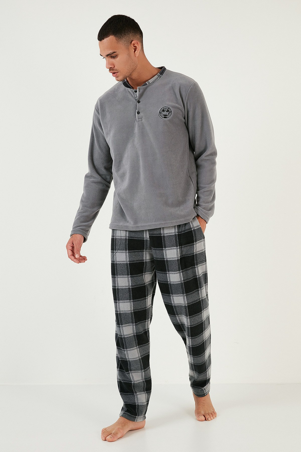 Ekose Regular Fit Bisiklet Yaka Kışlık Polar Erkek Pijama Takımı 609610013W4 GRİ