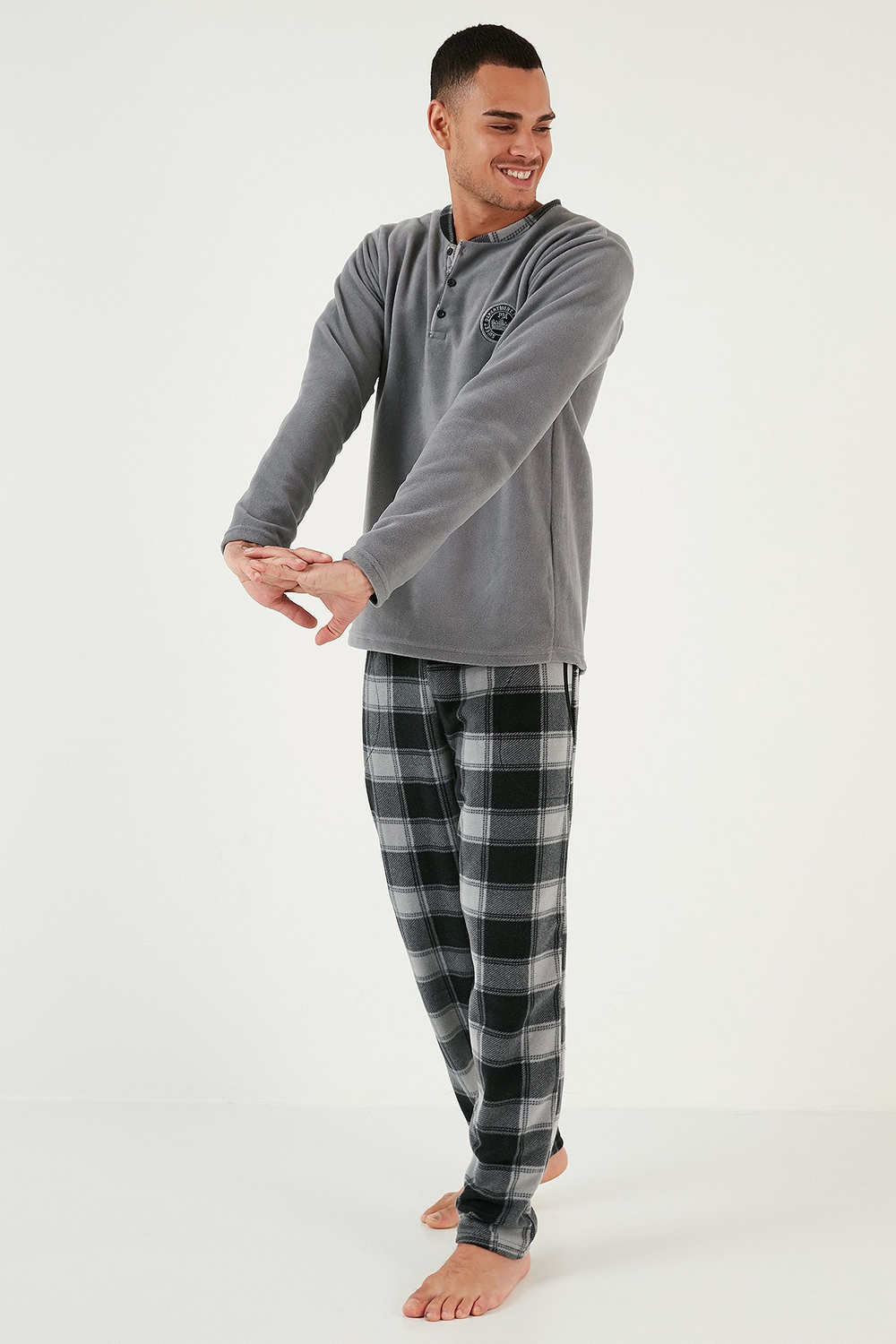 Ekose Regular Fit Bisiklet Yaka Kışlık Polar Erkek Pijama Takımı 609610013W4 GRİ