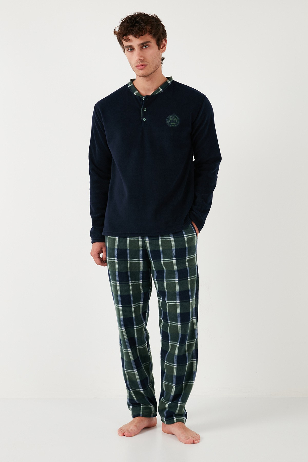 Ekose Regular Fit Bisiklet Yaka Kışlık Polar Erkek Pijama Takımı 609610013W4 LACİVERT
