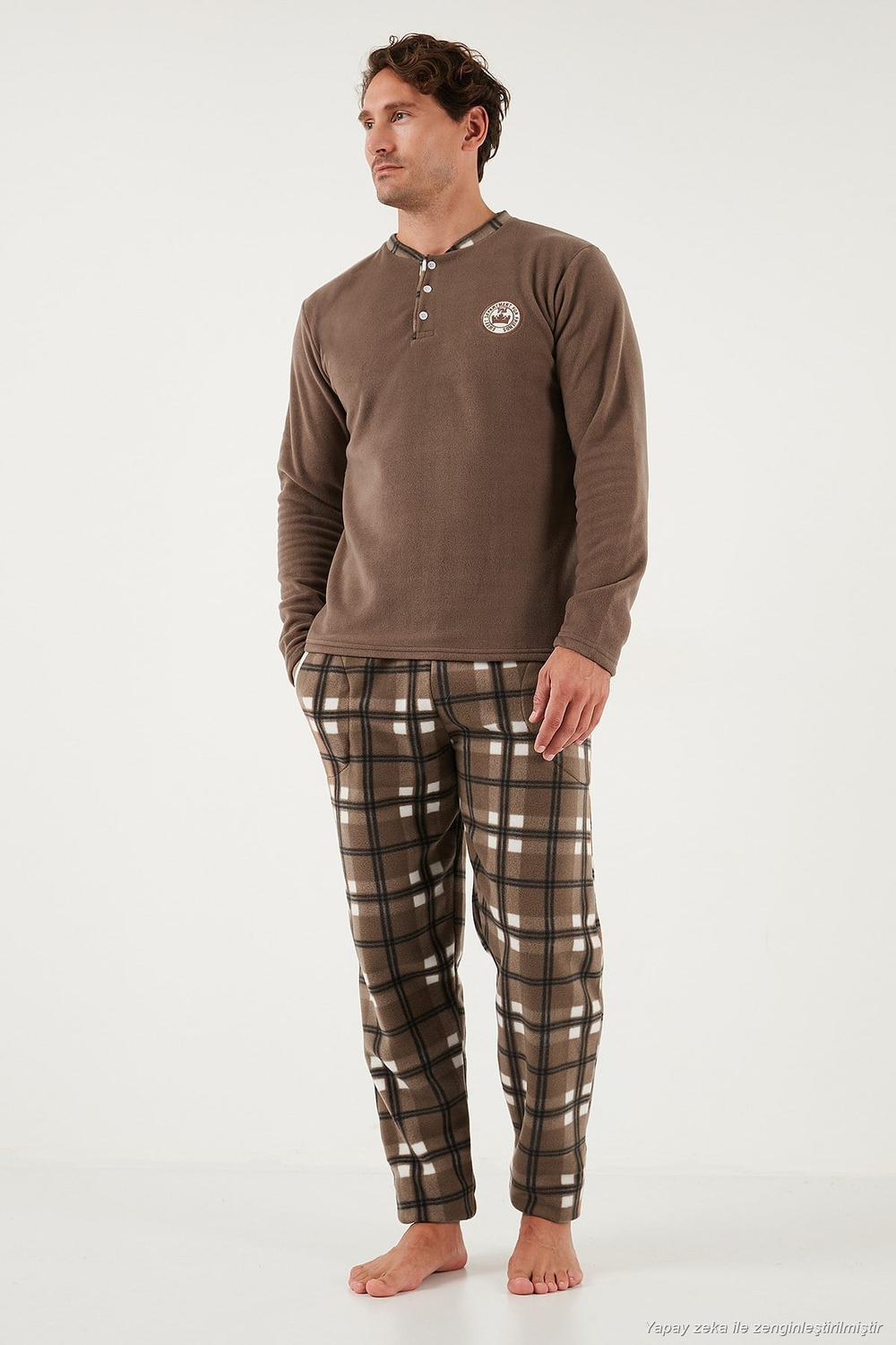 Ekose Regular Fit Bisiklet Yaka Kışlık Polar Erkek Pijama Takımı 609610013W4 CAMEL