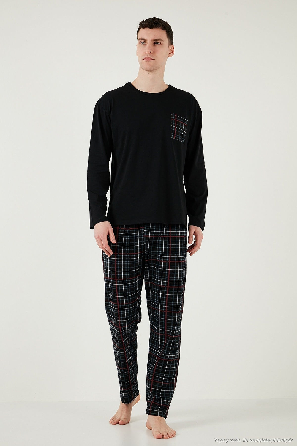 Ekoseli Cepli Beli Lastikli % 100 Pamuk Regular Fit Erkek Pijama Takımı 6572001 SİYAH-FÜME