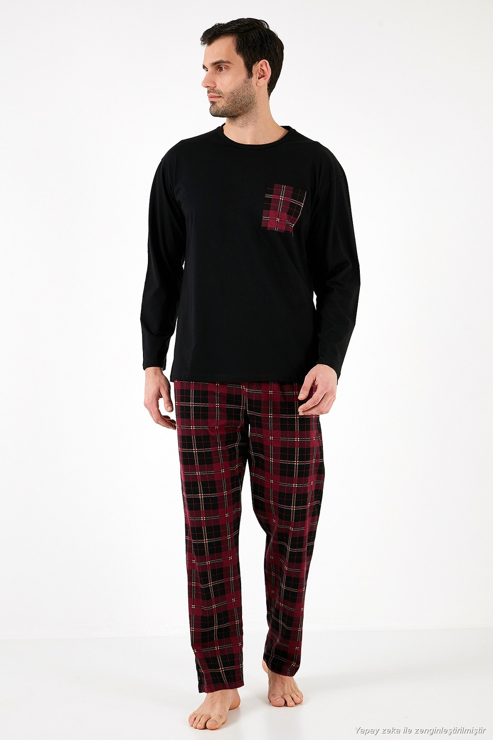 Ekoseli Cepli Beli Lastikli % 100 Pamuk Regular Fit Erkek Pijama Takımı 6572001 SİYAH-BORDO