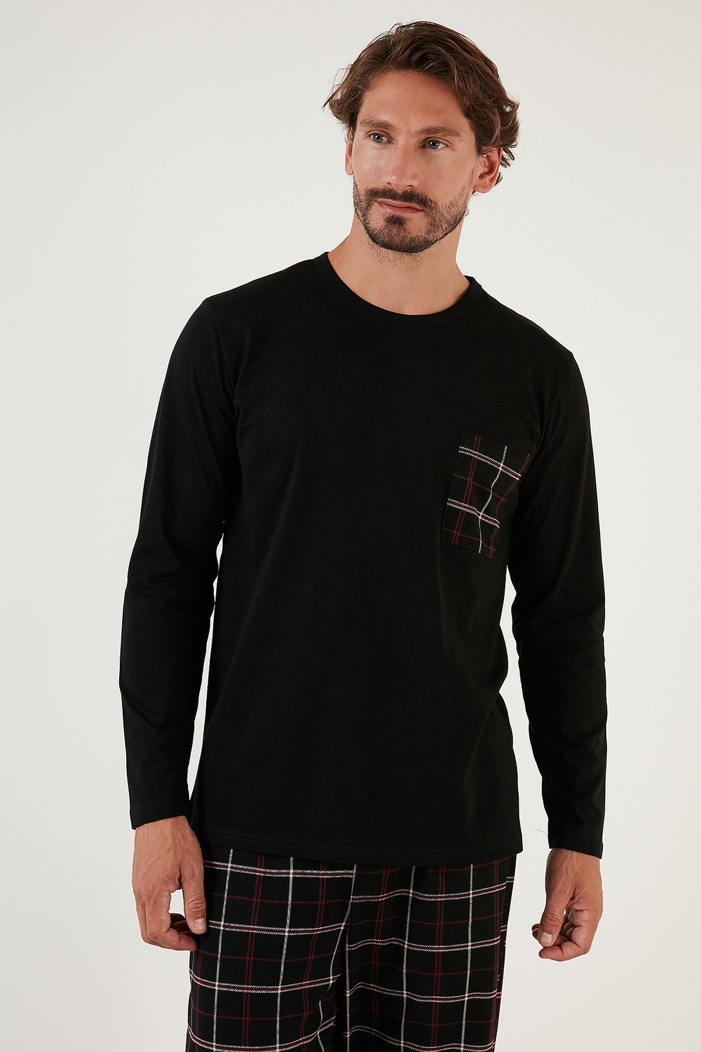 Ekoseli Cepli Beli Lastikli % 100 Pamuk Regular Fit Erkek Pijama Takımı 6572001 SİYAH