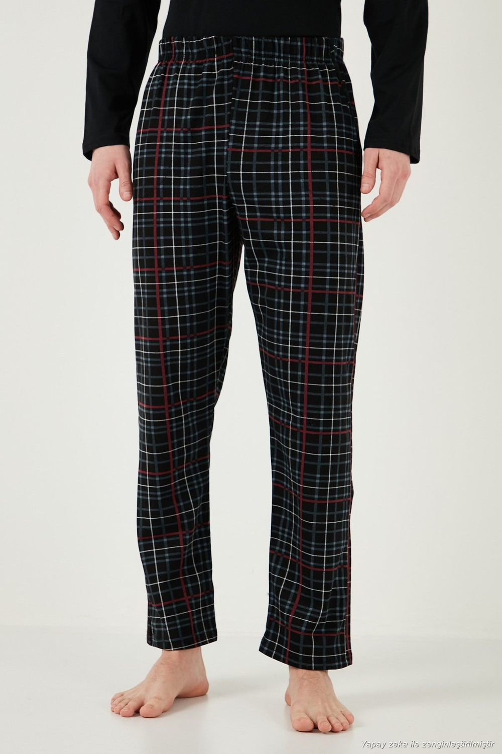 Ekoseli Cepli Beli Lastikli % 100 Pamuk Regular Fit Erkek Pijama Takımı 6572001 SİYAH-FÜME