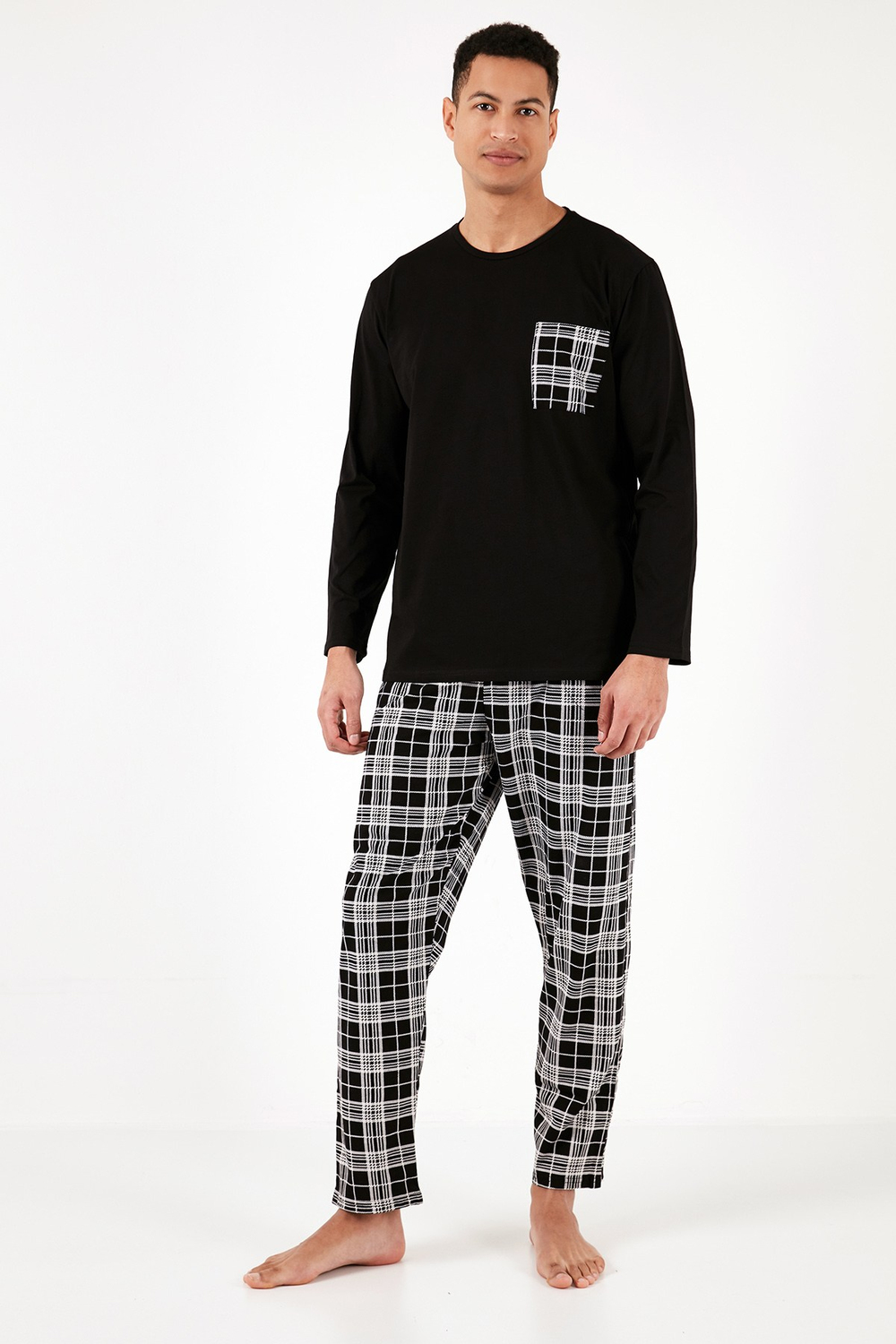 Ekoseli Cepli Beli Lastikli % 100 Pamuk Regular Fit Erkek Pijama Takımı 6572001 SİYAH-BEYAZ