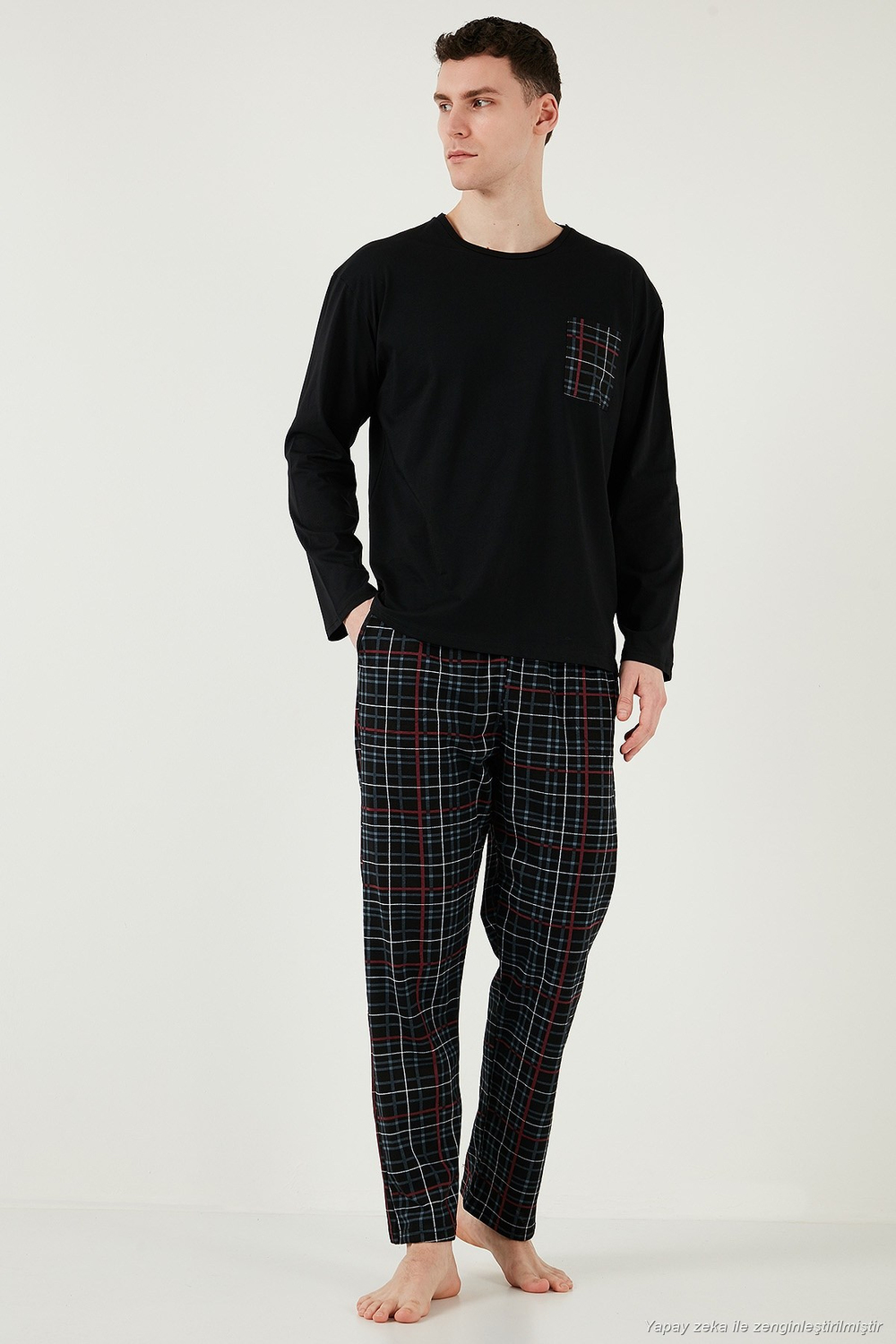 Ekoseli Cepli Beli Lastikli % 100 Pamuk Regular Fit Erkek Pijama Takımı 6572001 SİYAH-FÜME