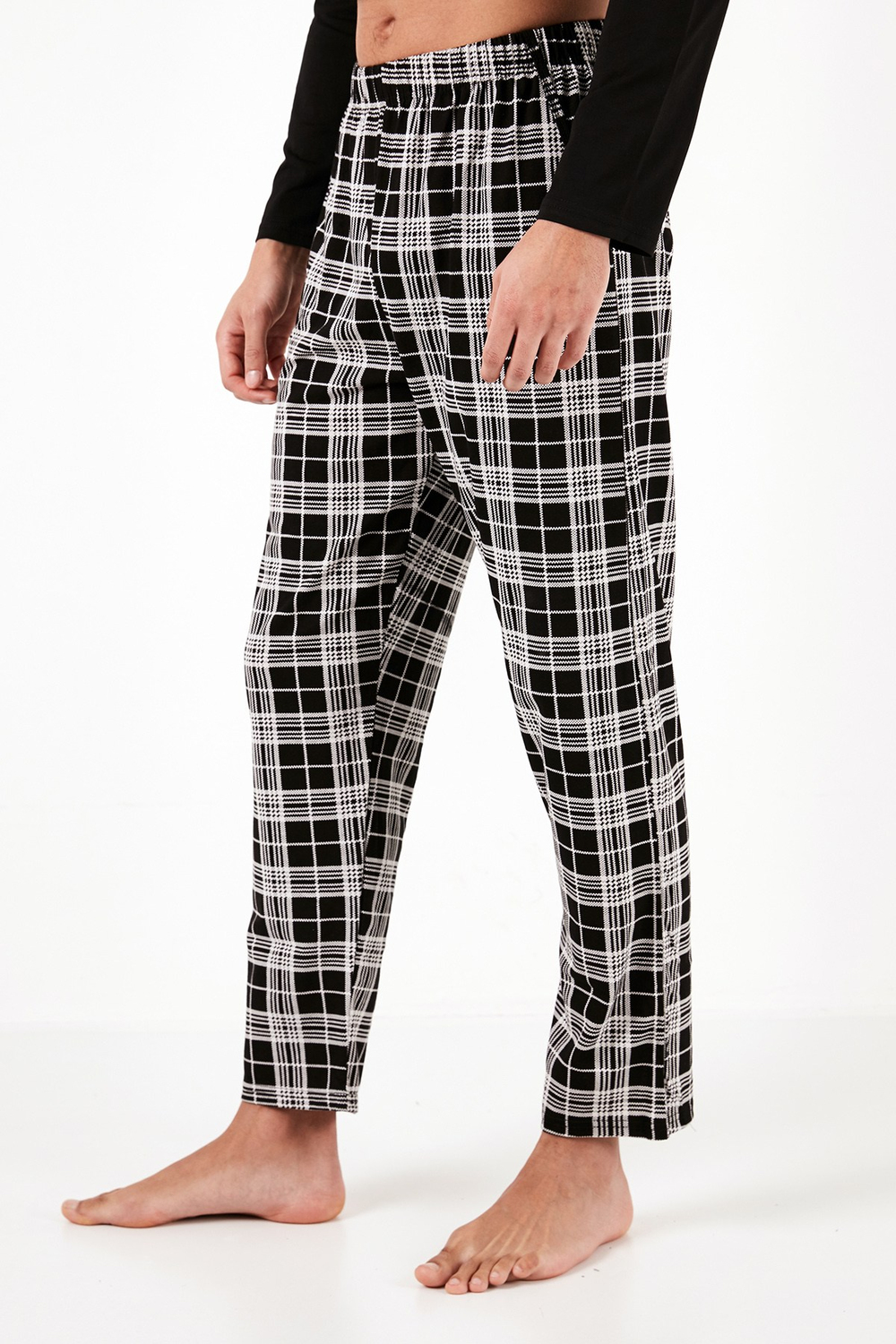 Ekoseli Cepli Beli Lastikli % 100 Pamuk Regular Fit Erkek Pijama Takımı 6572001 SİYAH-BEYAZ