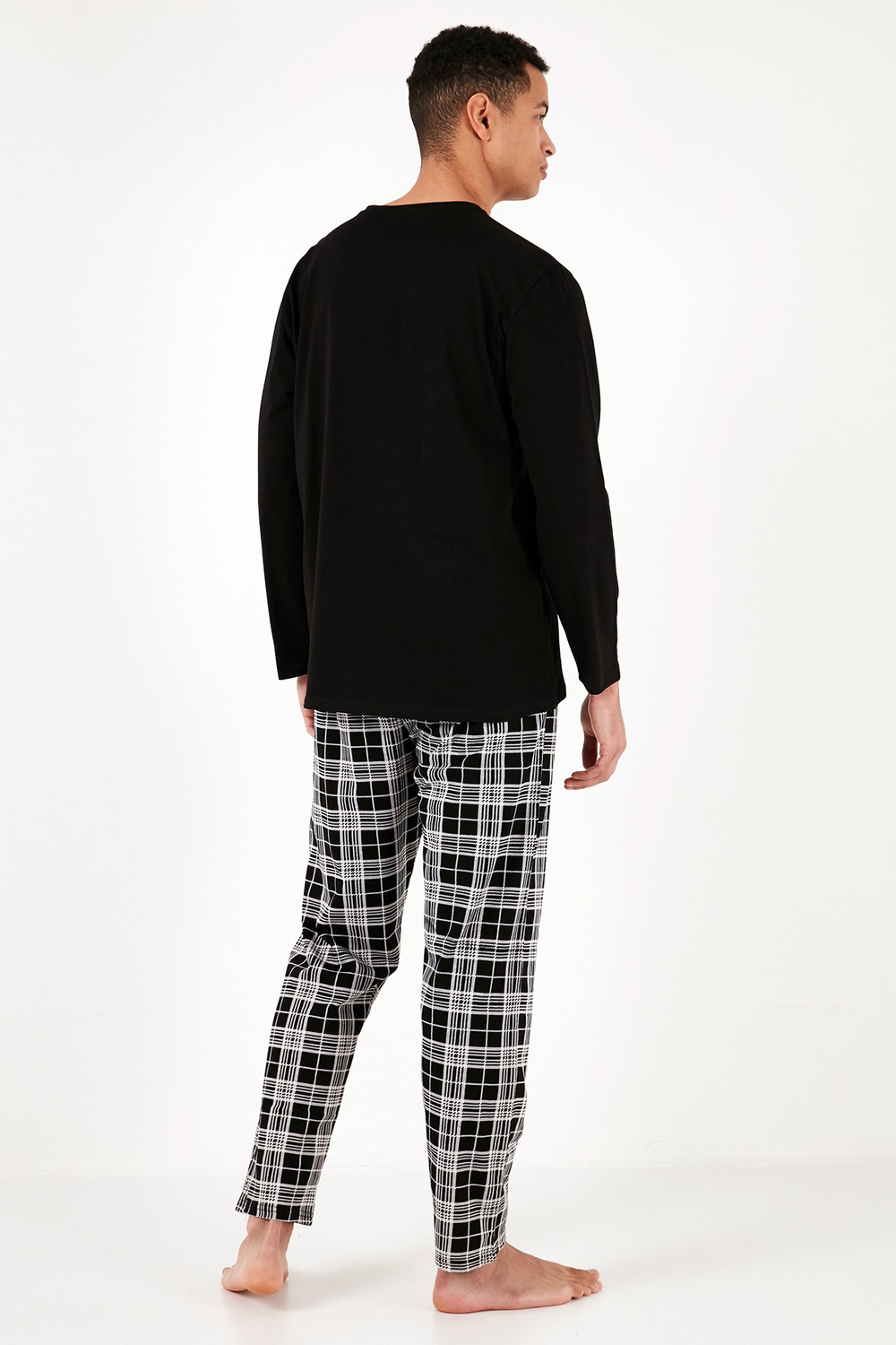 Ekoseli Cepli Beli Lastikli % 100 Pamuk Regular Fit Erkek Pijama Takımı 6572001 SİYAH-BEYAZ