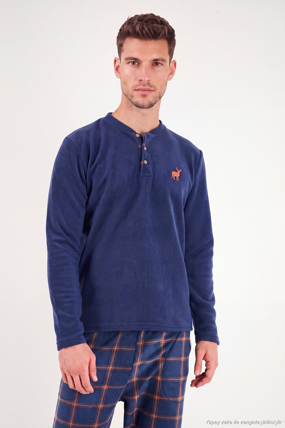 Ekoseli Düğmeli Bisiklet Yaka Yumuşak Polar Erkek Pijama Takımı 6097019 İNDİGO