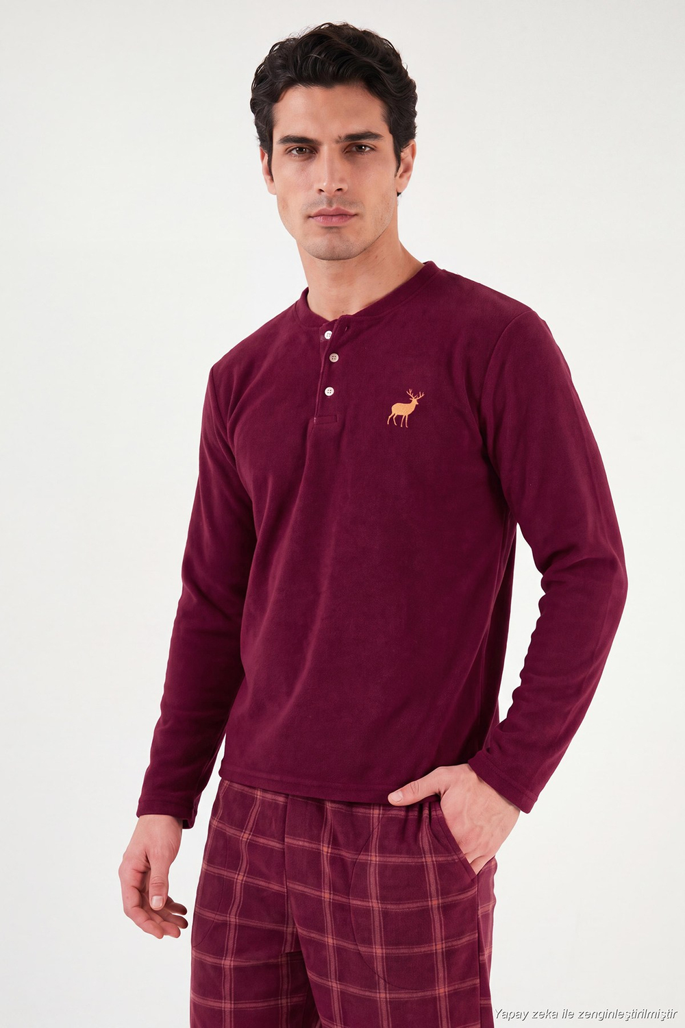 Ekoseli Düğmeli Bisiklet Yaka Yumuşak Polar Erkek Pijama Takımı 6097019 BORDO