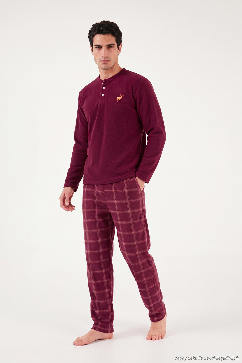 Ekoseli Düğmeli Bisiklet Yaka Yumuşak Polar Erkek Pijama Takımı 6097019 BORDO