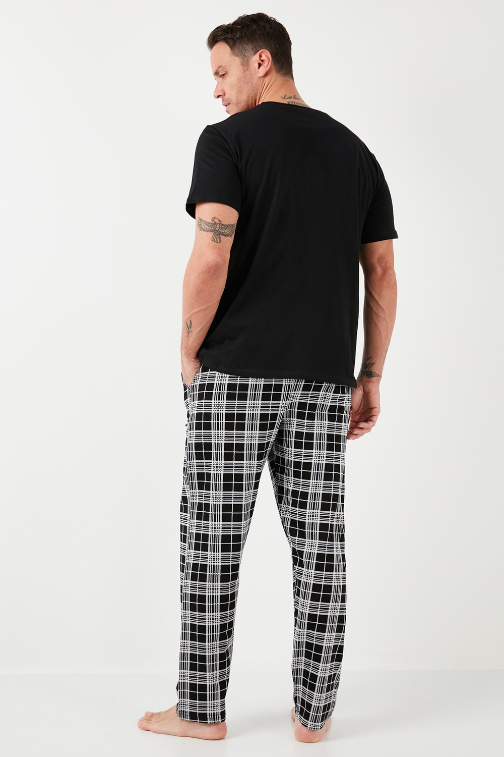 Ekoseli Pamuklu Beli Lastikli Regular Fit Kısa Kollu Erkek Pijama Takımı 6572004 SİYAH