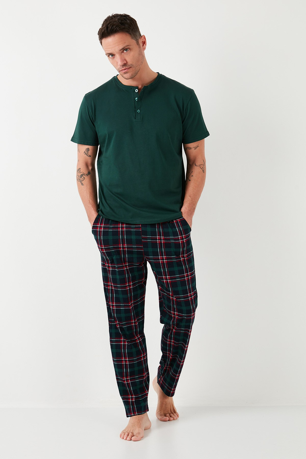 Ekoseli Pamuklu Beli Lastikli Regular Fit Kısa Kollu Erkek Pijama Takımı 6572004 YEŞİL